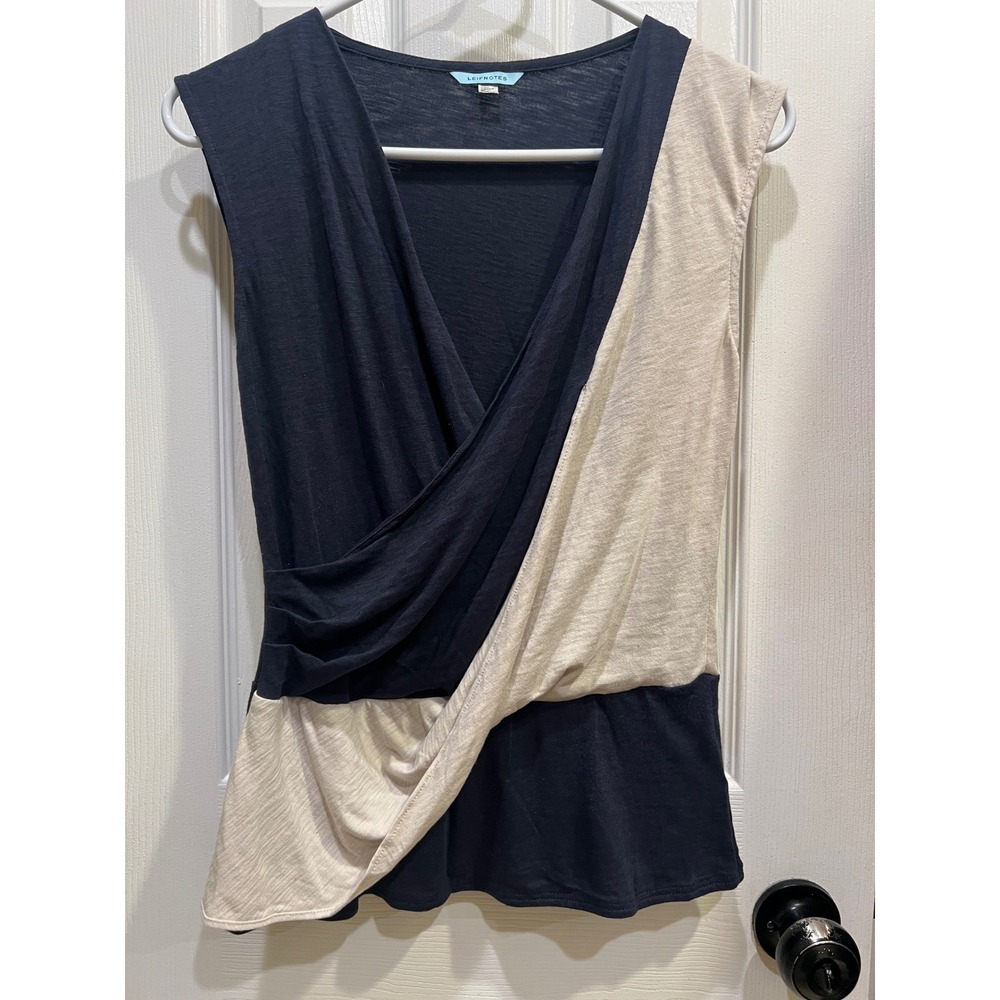 Anthropologie Leifnotes Navy Gray Colorblock Surplice Wrap Draped V-Neck Top XS - Picture 2 of 6